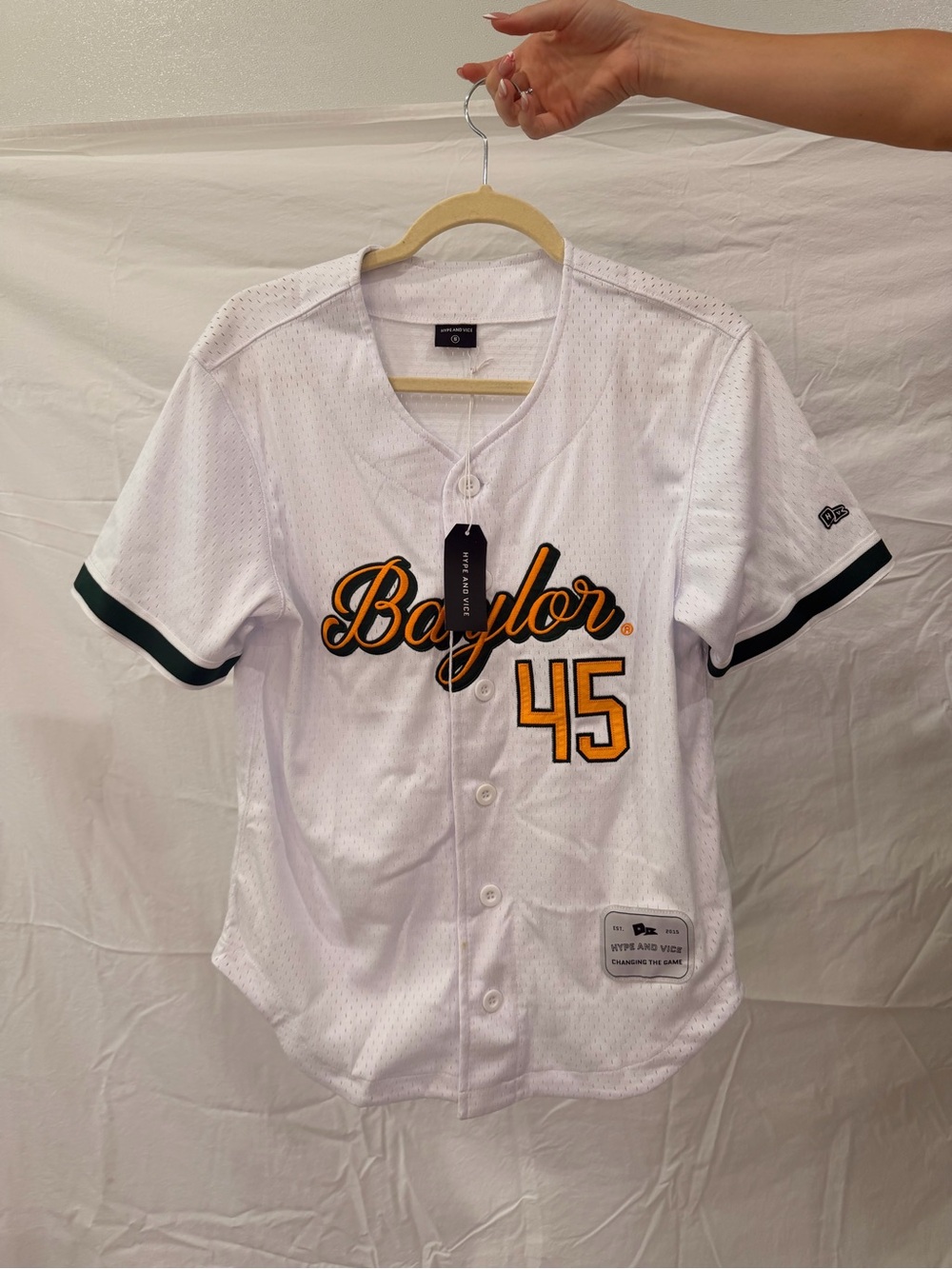 Baylor White & Green Baseball Jersey with Gold Number 45